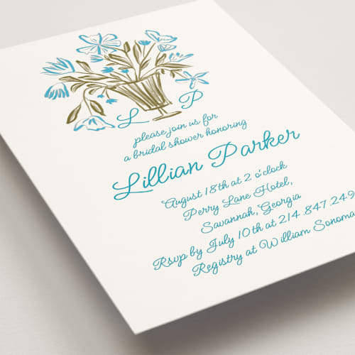 This is a blue bonnet bridal shower invitations with standard by Maja Cunningham called flora printing on signature in standard