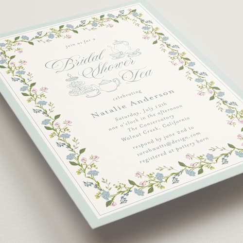 This is a wedgewood bridal shower invitations with standard by Susan Moyal called garden tea printing on signature in standard