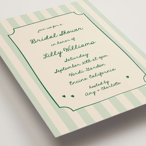 This is a mint bridal shower invitations with standard by Ani Somi called charming in stripes printing on signature in standard