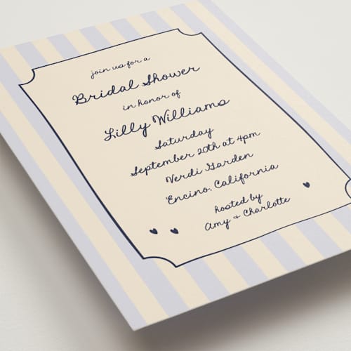 This is a cornflower bridal shower invitations with standard by Ani Somi called charming in stripes printing on signature in standard