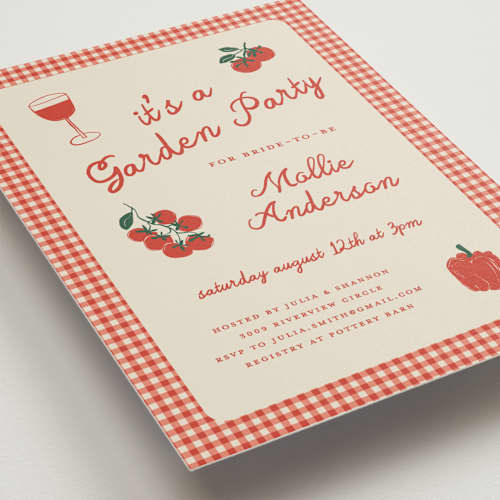 This is a tomato bridal shower invitations with standard by Kelly Watkins called gingham garden printing on signature in standard