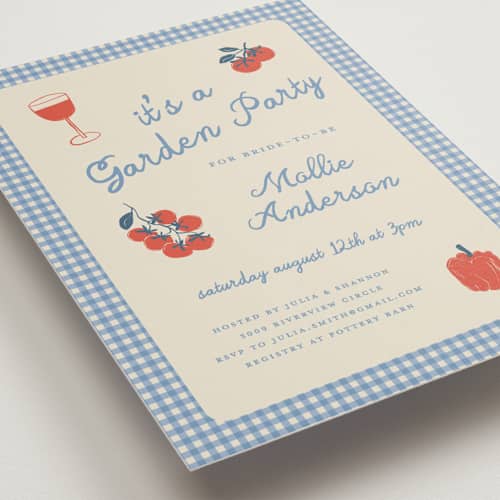 This is a bluebell bridal shower invitations with standard by Kelly Watkins called gingham garden printing on signature in standard