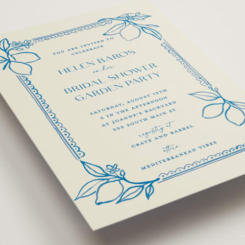 This is a cobalt bridal shower invitations with standard by Pati Cascino called mediterraneo printing on signature in standard