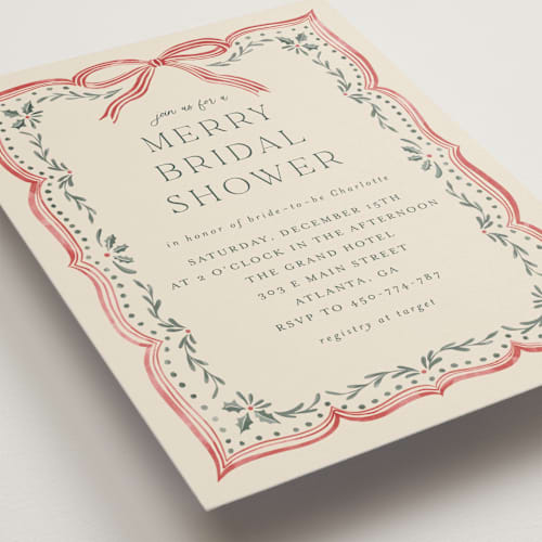 This is a eggnog bridal shower invitations with standard by Chris Griffith called ribbon stripe holiday printing on signature in standard