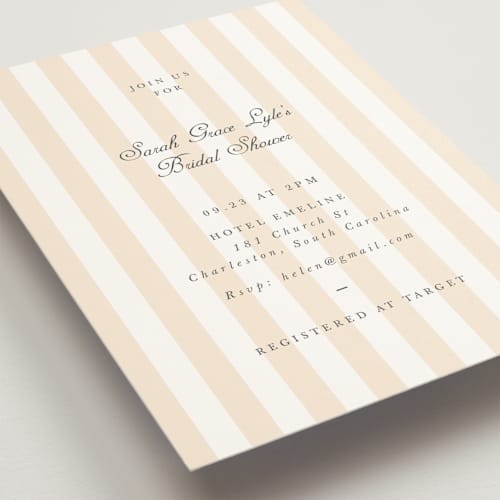 This is a peach bridal shower invitations with standard by Sara Hicks Malone called awning stripe printing on signature in standard
