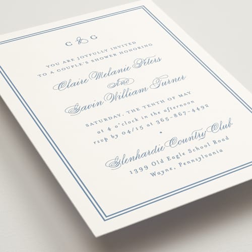 This is a french blue bridal shower invitations with standard by Carolyn MacLaren called timeless together printing on signature in standard