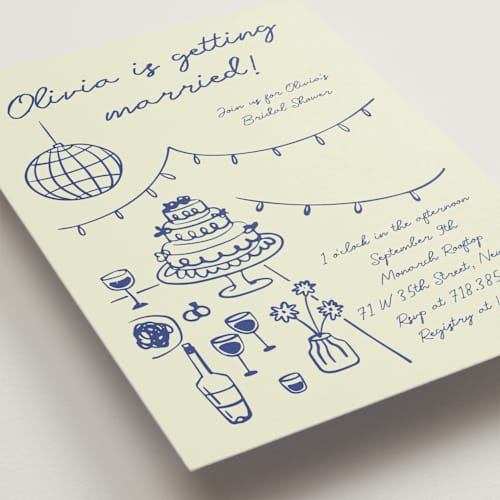 This is a disco blue bridal shower invitations with standard by Zove Ahhh called party on! printing on signature in standard