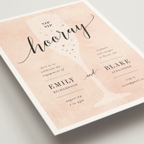 This is a champagne engagement party invitations with foil pressed by Kelly Schmidt called sip sip hooray printing on signature in standard