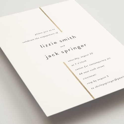 This is a pearl engagement party invitations with foil pressed by Kim Dietrich Elam called side by side printing on signature in standard