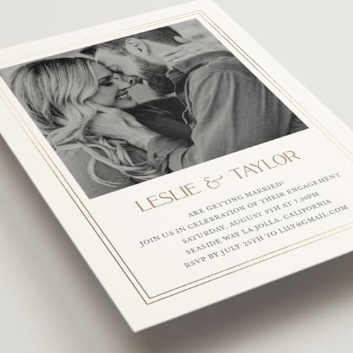 This is a chiffon engagement party invitations with foil pressed by Cass Loh called gilded frame printing on signature in standard
