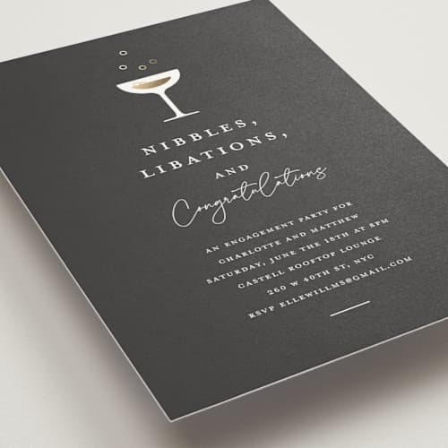 This is a midnight engagement party invitations with foil pressed by mo kelley called libations printing on signature in standard