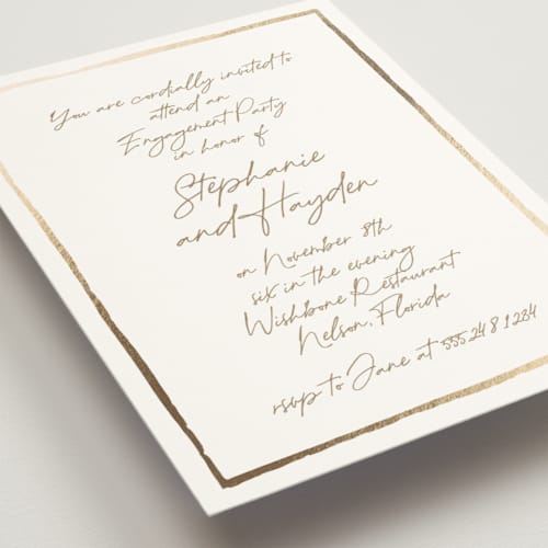 This is a champagne engagement party invitations with foil pressed by Cass Loh called gilded frame printing on signature in standard