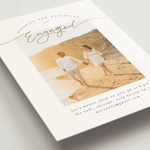 This is a lily engagement party invitations with foil pressed by Creo Study called scripted snapshot printing on signature in standard