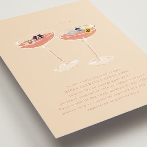 This is a champagne engagement party invitations with foil pressed by Baumbirdy called flower cheers printing on signature in standard