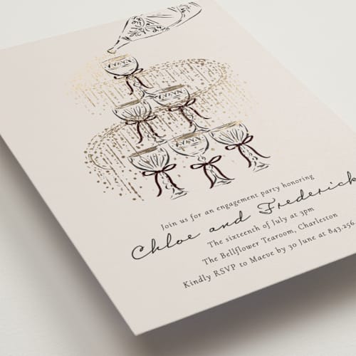 This is a noir engagement party invitations with foil pressed by Jackie Crawford called sparkling champagne tower printing on signature in standard