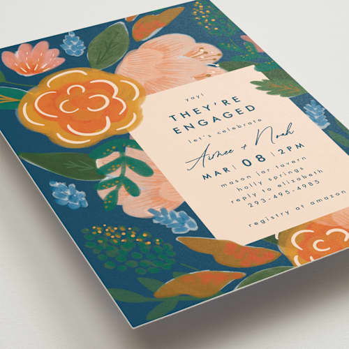 This is a indigo engagement party invitations with standard by Corie Page called floral whimsy printing on signature in standard