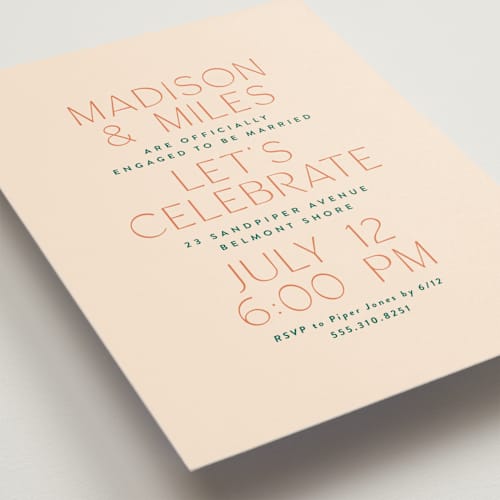 This is a peaches engagement party invitations with standard by Owl and Toad called just type printing on signature in standard