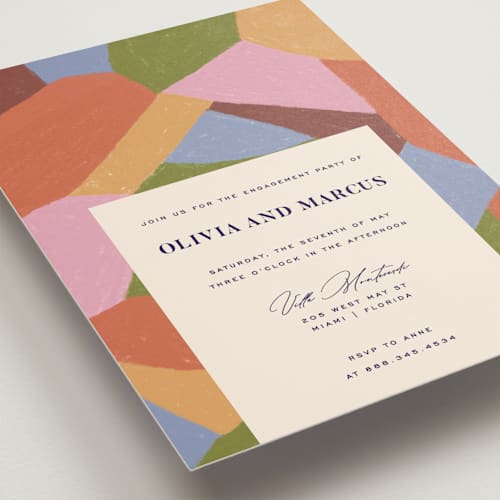 This is a pop engagement party invitations with standard by Pati Cascino called colorful moment printing on signature in standard