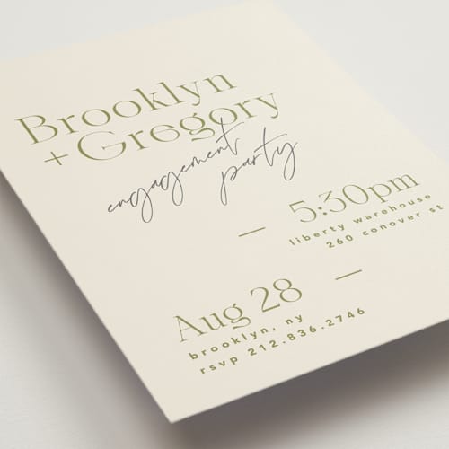This is a olive engagement party invitations with standard by Kristie Kern called brooklyn printing on signature in standard
