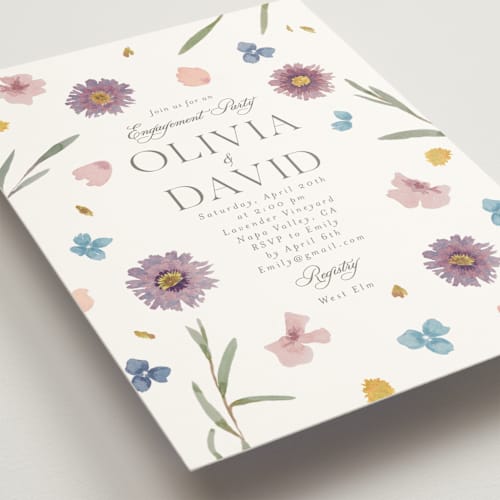 This is a lily engagement party invitations with standard by Christy Hy Lee called petals printing on signature in standard