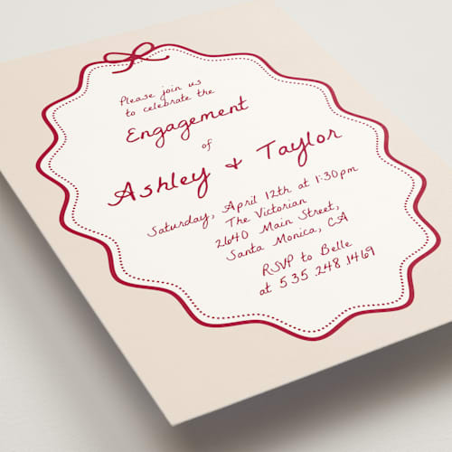 This is a wine engagement party invitations with standard by Cass Loh called wavy oval printing on signature in standard