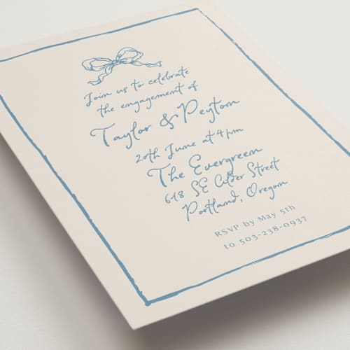 This is a dusty blue engagement party invitations with standard by Cass Loh called ribbon bow drawing printing on signature in standard
