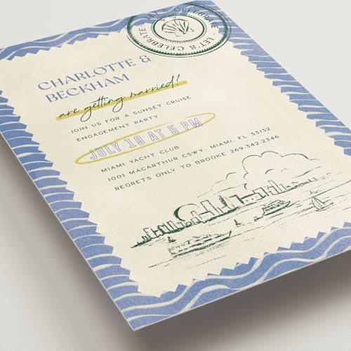 This is a island citrus engagement party invitations with standard by Pixel and Hank called coastal drift printing on signature in standard