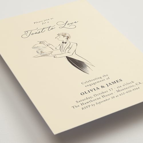 This is a ivory engagement party invitations with standard by Sabrin Deirani called a toast to love printing on signature in standard