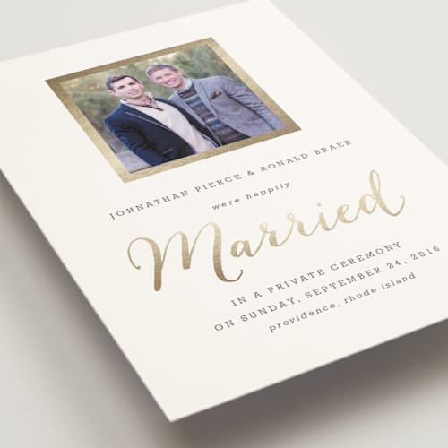 This is a gold wedding announcements with foil pressed by Hooray Creative called modern photo frame printing on signature in standard