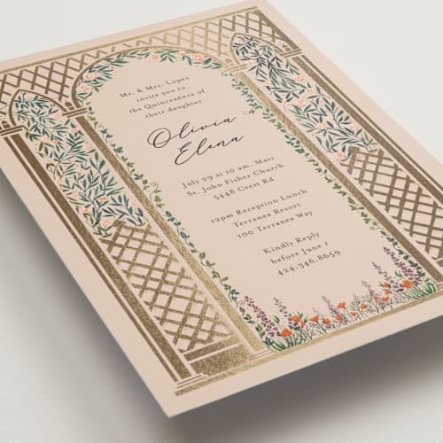 This is a sand quinceanera invitations with foil pressed by Becky Nimoy called victorian trellis printing on signature in standard