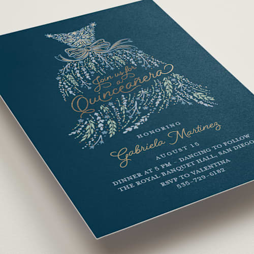 This is a midnight quinceanera invitations with foil pressed by Paper Sun Studio called in the spotlight printing on signature in standard