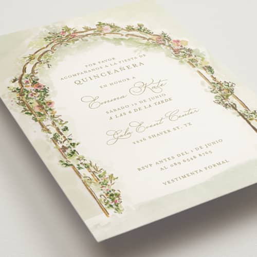 This is a evergreen quinceanera invitations with foil pressed by Lucrecia Caporale called floral arch printing on signature in standard