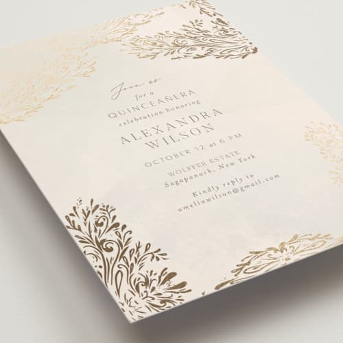 This is a cream quinceanera invitations with foil pressed by Nicoletta Savod called quinceañera elegance printing on signature in standard