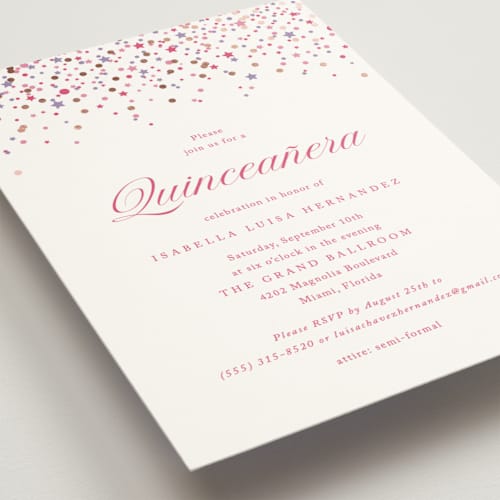 This is a berry quinceanera invitations with foil pressed by Olivia Raufman called confetti sparkle printing on signature in standard