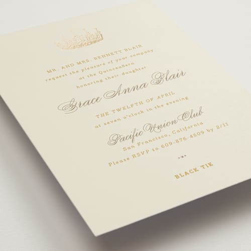 This is a caramel quinceanera invitations with foil pressed by Yolanda Mariak Chendak called belle of the ball printing on signature in standard