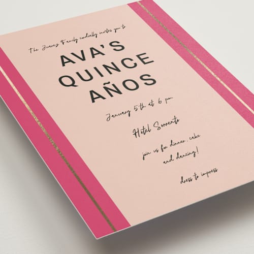 This is a hot pink quinceanera invitations with foil pressed by Ani Somi called ribbon stripes printing on signature in standard