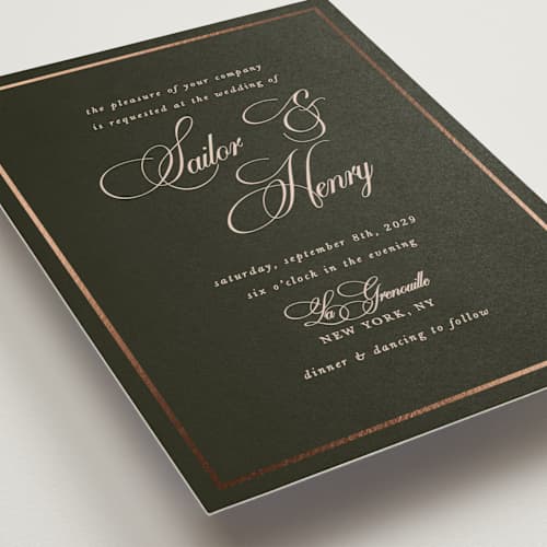 This is a midnight forest foil stamped wedding invitations with foil pressed by Morgan Kendall called playbill printing on signature in standard