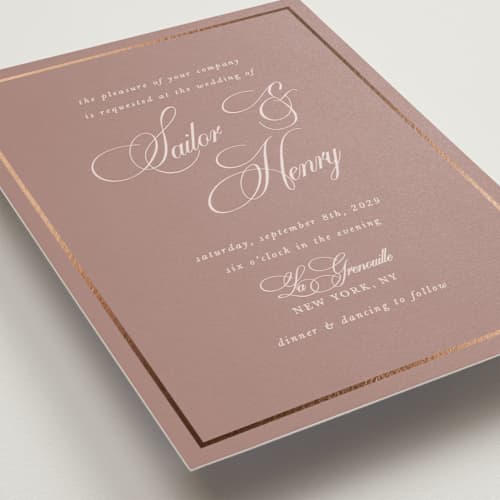 This is a lilac foil stamped wedding invitations with foil pressed by Morgan Kendall called playbill printing on signature in standard