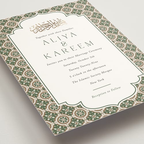 This is a evergreen foil stamped wedding invitations with foil pressed by Oma N. Ramkhelawan called kareem printing on signature in standard