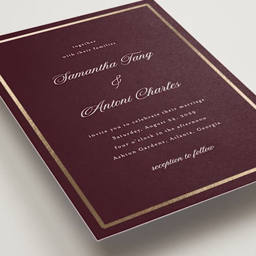 This is a merlot foil stamped wedding invitations with foil pressed by Nicole Walsh called tux printing on signature in standard