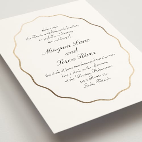 This is a pearl foil stamped wedding invitations with foil pressed by Baumbirdy called scallop frame printing on signature in standard