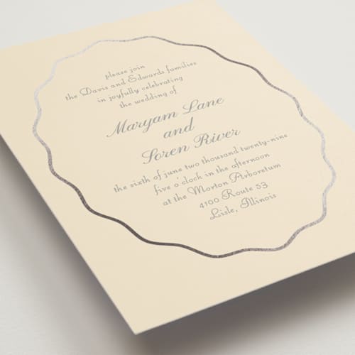 This is a lemon foil stamped wedding invitations with foil pressed by Baumbirdy called scallop frame printing on signature in standard