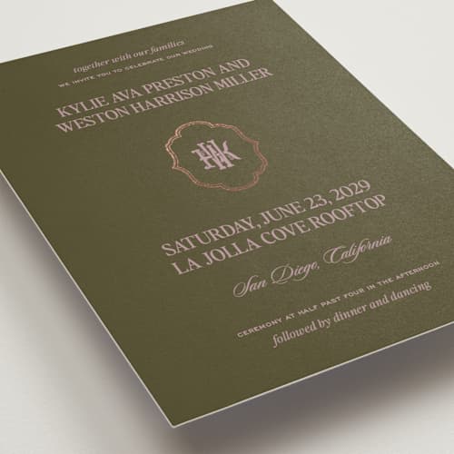This is a orchid foil stamped wedding invitations with foil pressed by Jenna Holcomb called modern vintage printing on signature in standard