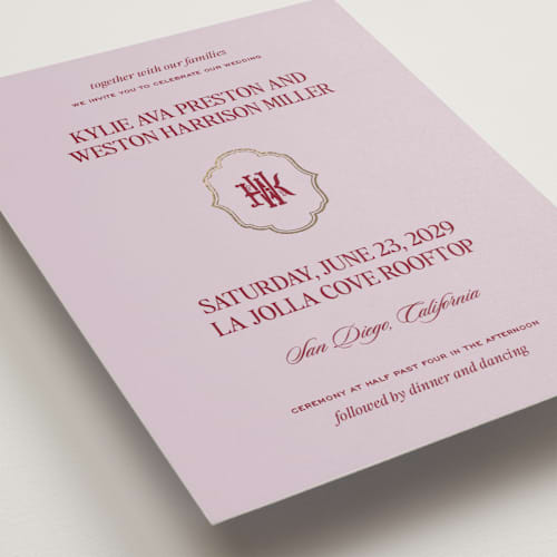 This is a berry foil stamped wedding invitations with foil pressed by Jenna Holcomb called modern vintage printing on signature in standard