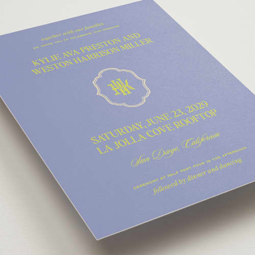 This is a amethyst foil stamped wedding invitations with foil pressed by Jenna Holcomb called modern vintage printing on signature in standard