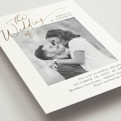 This is a marshmallow foil stamped wedding invitations with foil pressed by Kaydi Bishop called the wedding printing on signature in standard