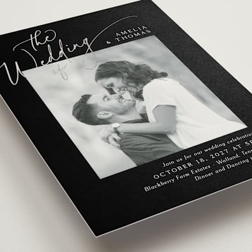 This is a ebony foil stamped wedding invitations with foil pressed by Kaydi Bishop called the wedding printing on signature in standard