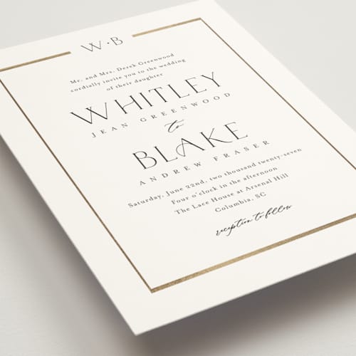 This is a cotton foil stamped wedding invitations with foil pressed by Stacey Meacham called luster printing on signature in standard