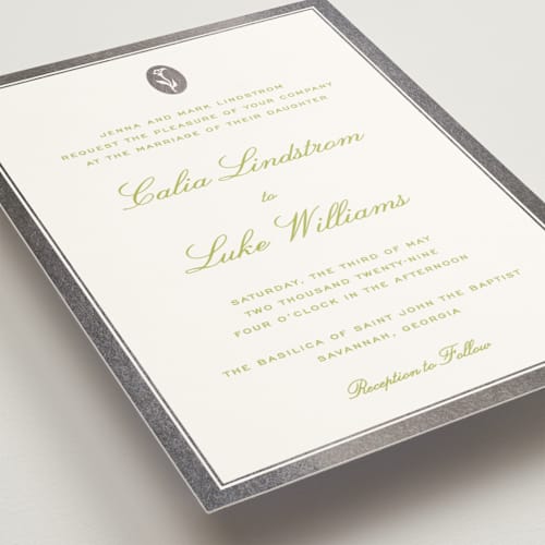 This is a avocado foil stamped wedding invitations with foil pressed by Ani Somi called calia printing on signature in standard