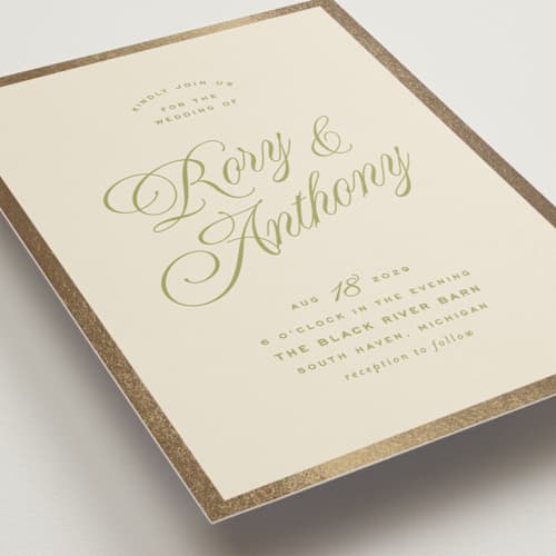 This is a olive foil stamped wedding invitations with foil pressed by Ellen Schlegelmilch called rory printing on signature in standard